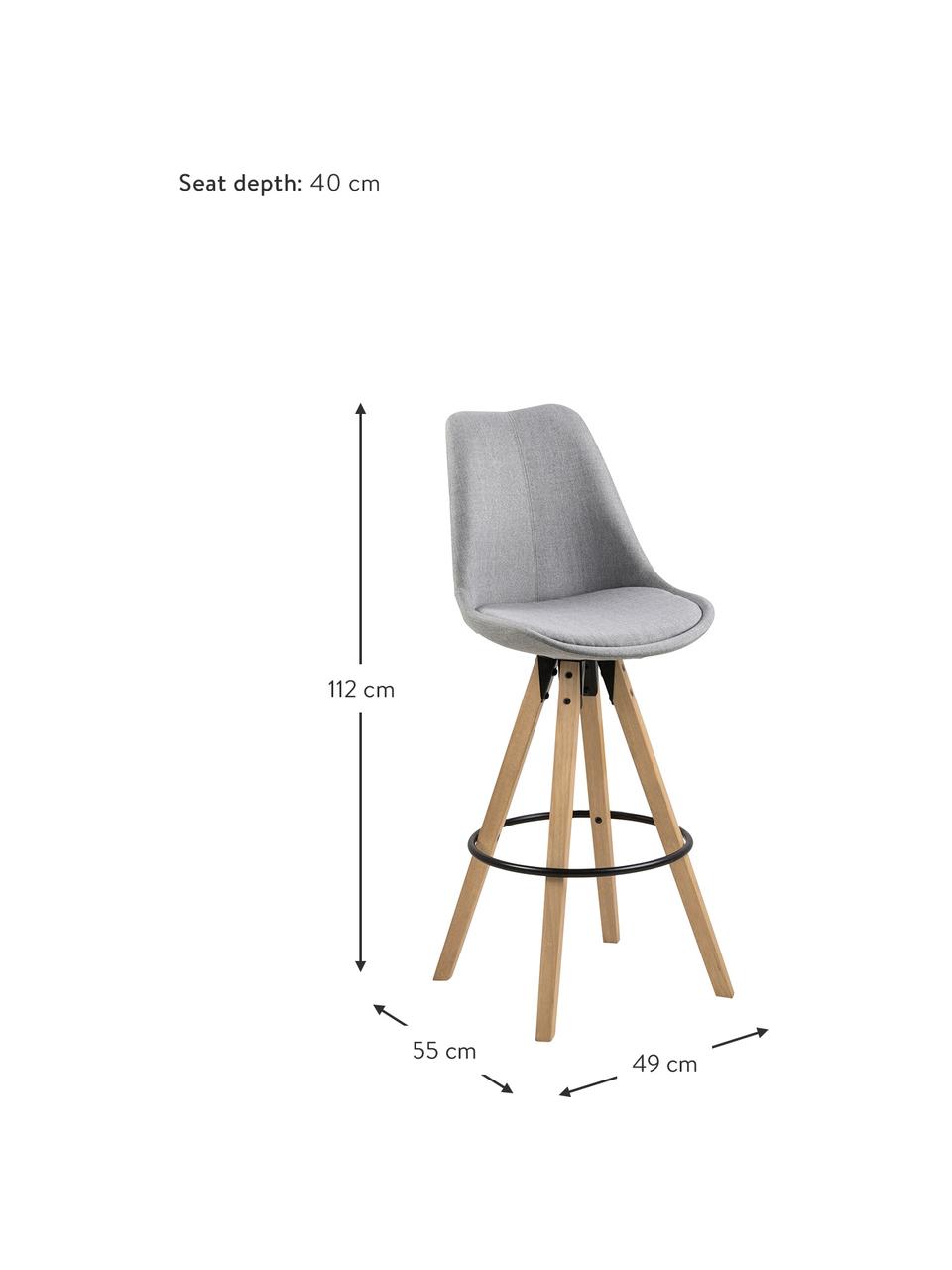 Sgabello da bar Dima Textile 2 pz, Rivestimento: poliestere 25.000 cicli d, Gambe: caucciù, verniciato, Grigio chiaro, legno di quercia, Larg. 49 x Alt. 112 cm