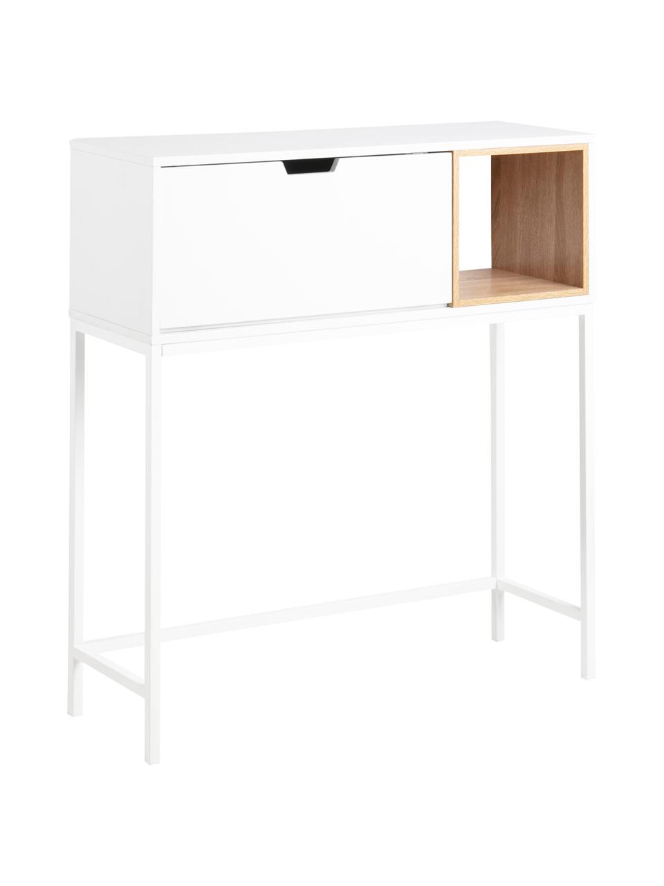 Wit bureau Satley met opbergruimte, Frame: gelakt MDF, Poten: gepoedercoat metaal, Wit, eikenhoutkleurig, B 92 x D 30 cm