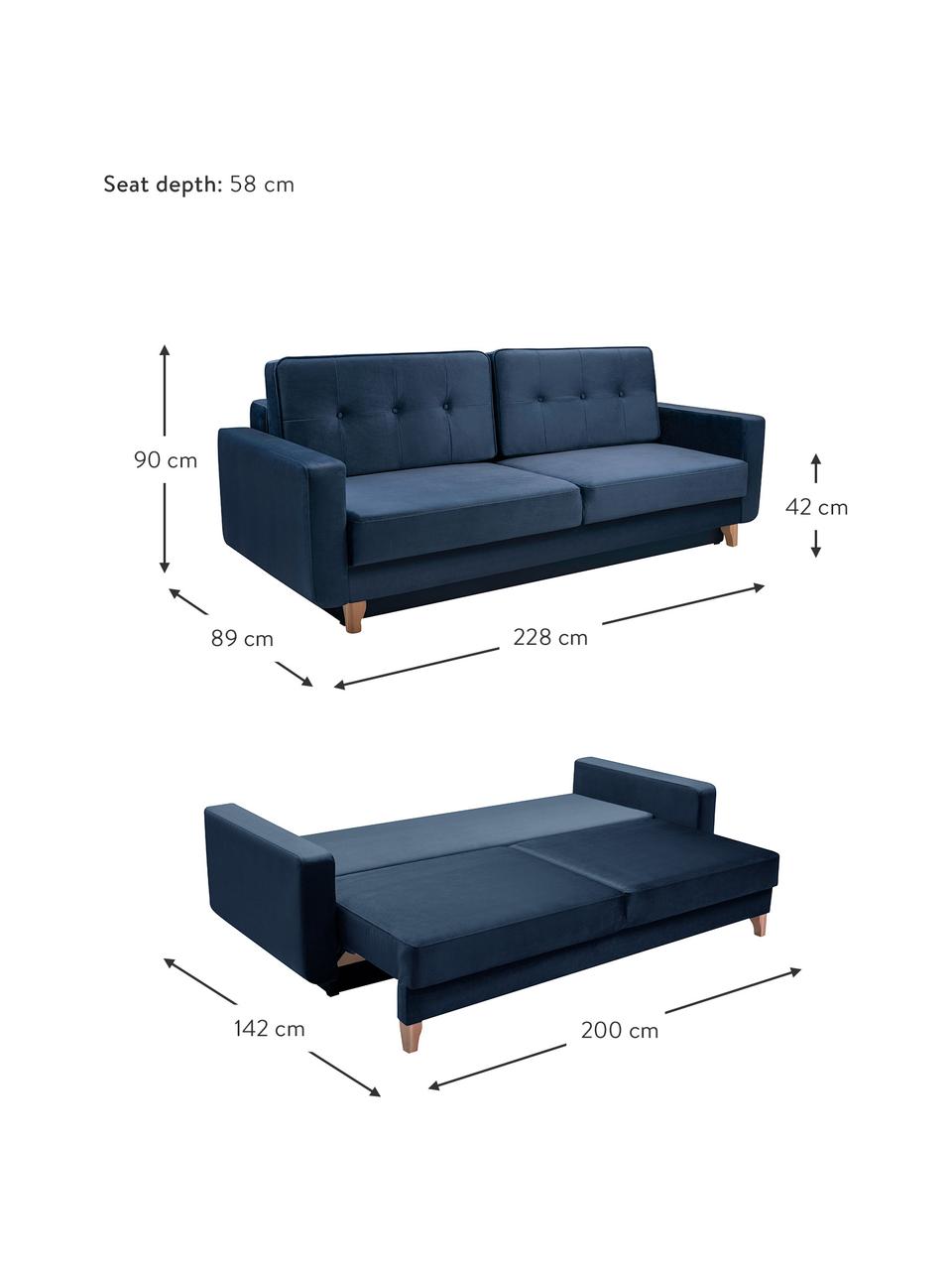 Sofá cama Tokio (2 plazas), con espacio de almacenamiento, Tapizado: 100% poliéster, Azul oscuro, An 228 x F 89 cm