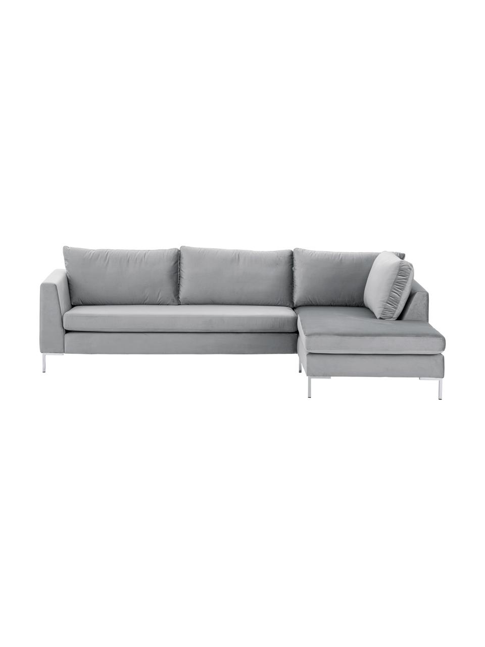 Samt-Ecksofa Luna, Bezug: Samt (Polyester) 80.000 S, Gestell: Massives Buchenholz, Füße: Metall, galvanisiert, Samt Hellgrau, Silber, B 280 x T 184 cm