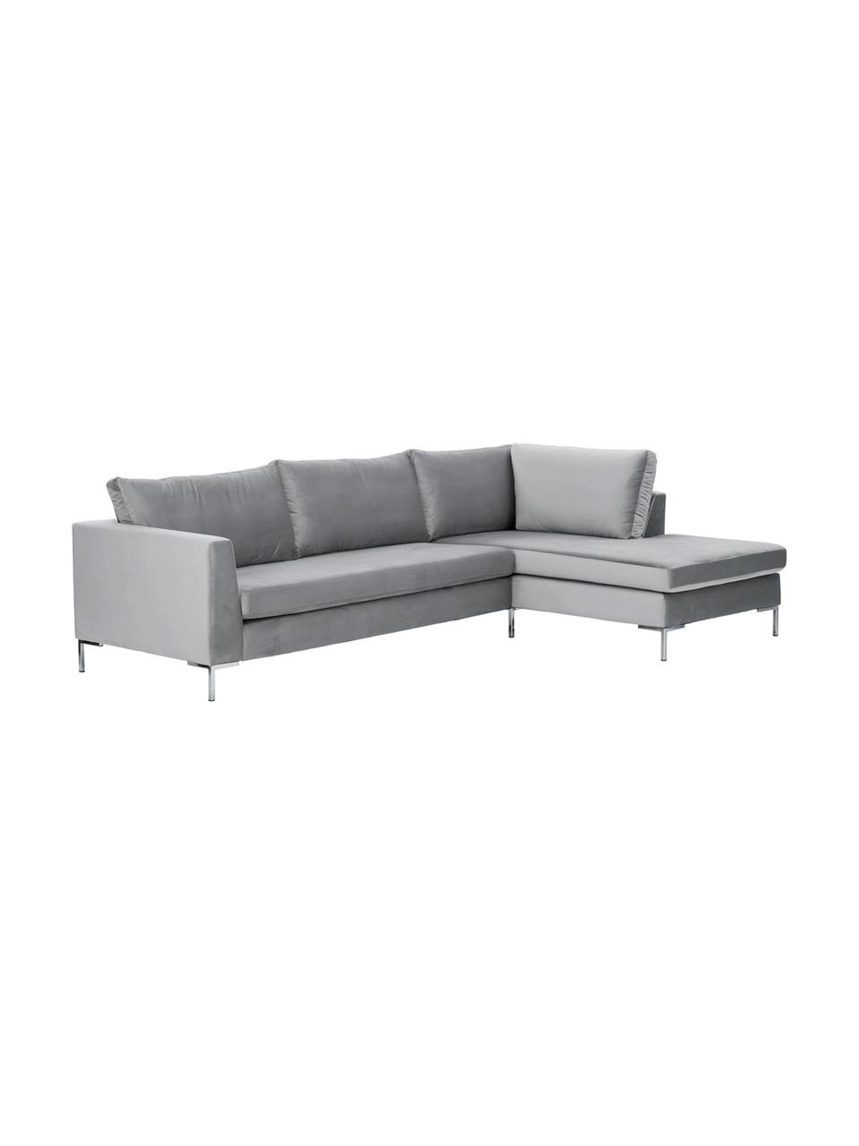 Samt-Ecksofa Luna, Bezug: Samt (Polyester) 80.000 S, Gestell: Massives Buchenholz, Füße: Metall, galvanisiert, Samt Hellgrau, Silber, B 280 x T 184 cm