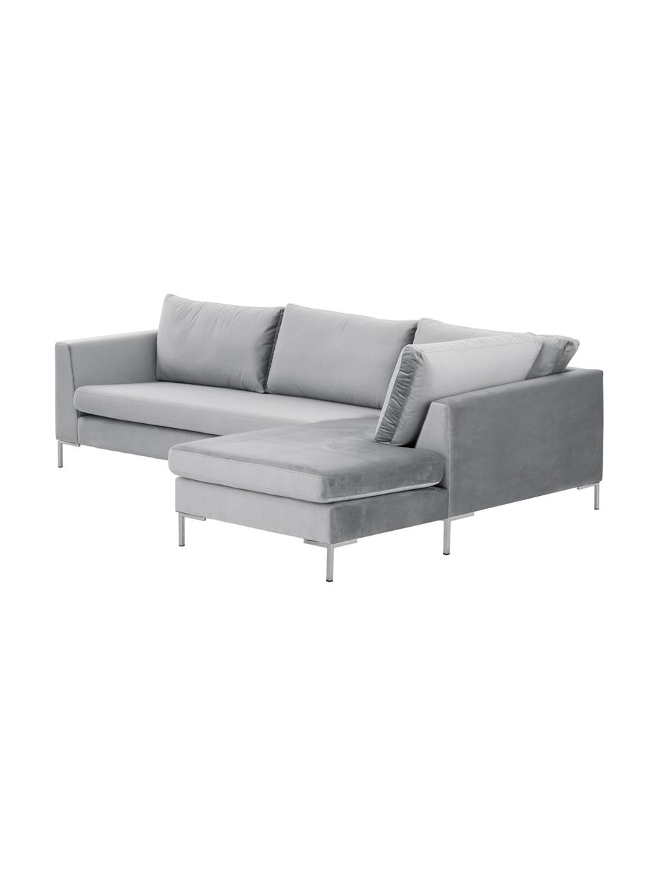 Samt-Ecksofa Luna, Bezug: Samt (Polyester) 80.000 S, Gestell: Massives Buchenholz, Füße: Metall, galvanisiert, Samt Hellgrau, Silber, B 280 x T 184 cm