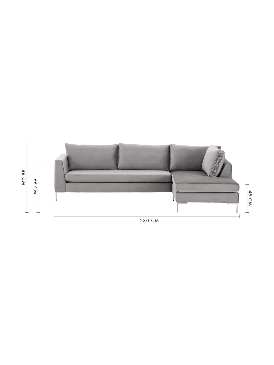 Samt-Ecksofa Luna, Bezug: Samt (Polyester) 80.000 S, Gestell: Massives Buchenholz, Füße: Metall, galvanisiert, Samt Hellgrau, Silber, B 280 x T 184 cm