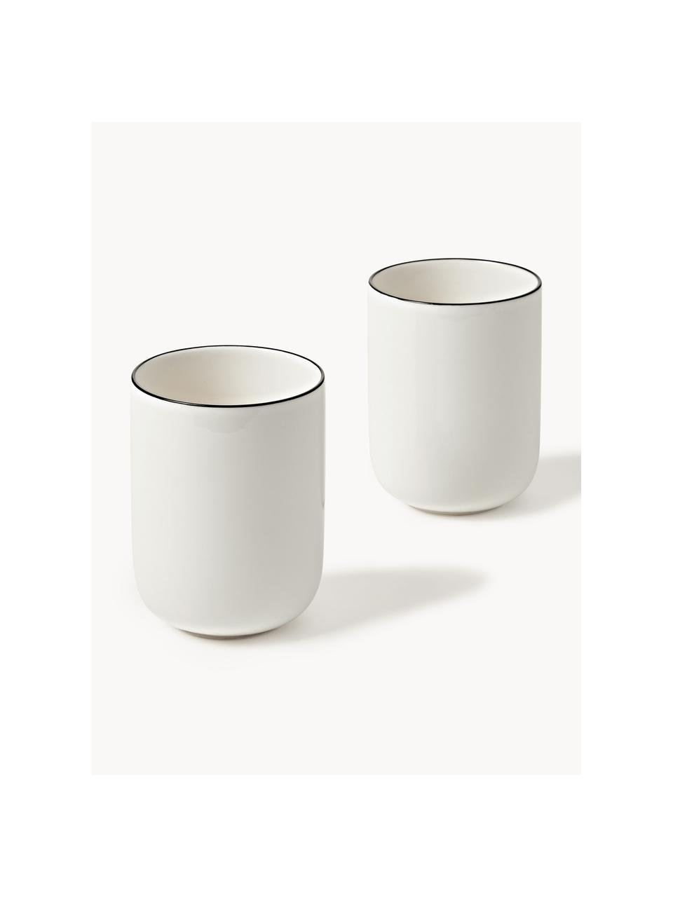 Tazas de café de porcelana Facile, 2 uds., Porcelana dura de alta calidad (aprox. 50% caolín, 25% cuarzo y 25% feldespato), Blanco Off White con borde negro, Ø 8 x Al 11 cm, 385 ml