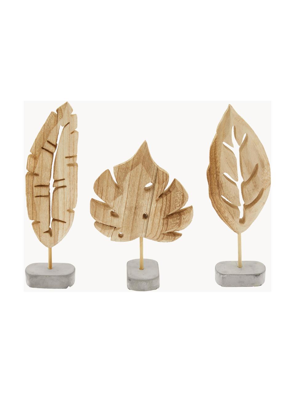 Set de piezas decorativas Blatt, 3 uds., Figura: madera de Paulownia, Madera clara, gris, Set de diferentes tamaños