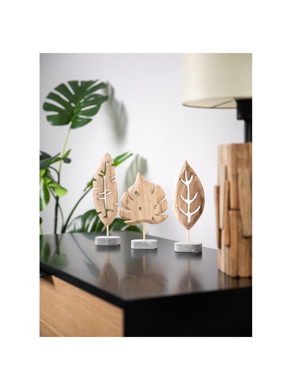 Set di 3 oggetti decorativi Blatt, Presa di corrente: cemento, Legno di Paulownia, grigio, Set varie misure