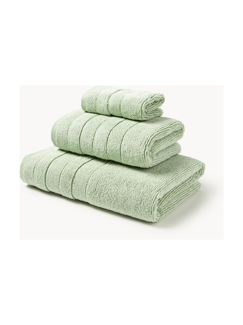 Lot de serviettes de bain avec bordure décorative Luxe, set de tailles variées, Vert sauge, 3 éléments (1 serviette invité, 1 serviette de toilette et 1 drap de bain)