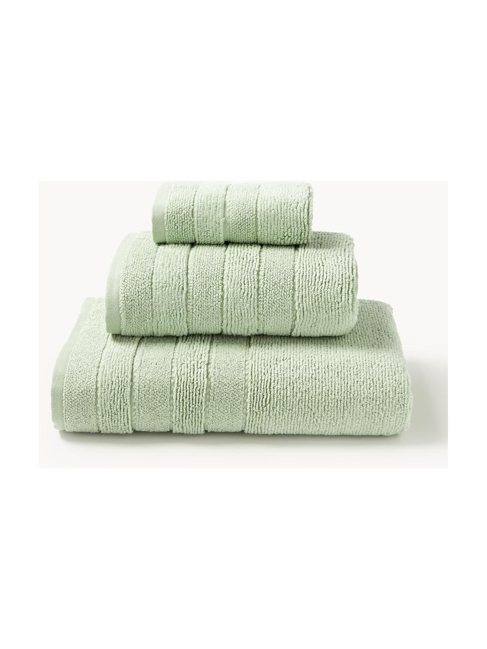 Lot de serviettes de bain avec bordure décorative Luxe, set de tailles variées, Vert sauge, 3 éléments (1 serviette invité, 1 serviette de toilette et 1 drap de bain)