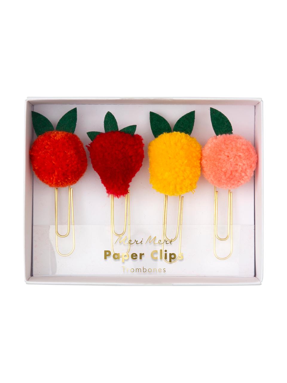 Paperclipset Fruit, 4-delig, Gelakt metaal, polyester, Roodtinten, roze, geel, goudkleurig, 2 x 5 cm