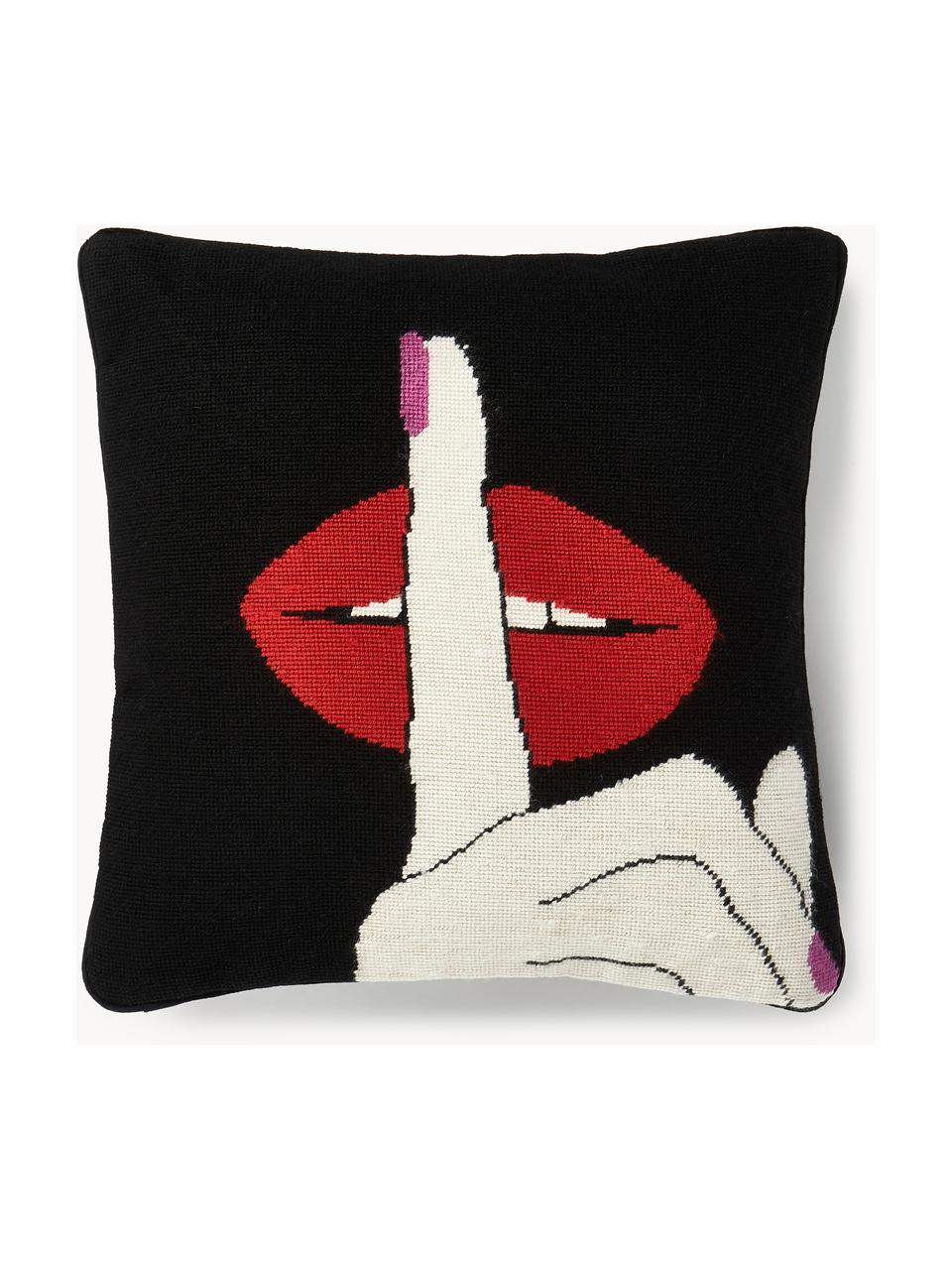 Ručne vyrobený vlnený dekoračný vankúš Lips Hush, Čierna, červená, biela, Š 45 x D 45 cm