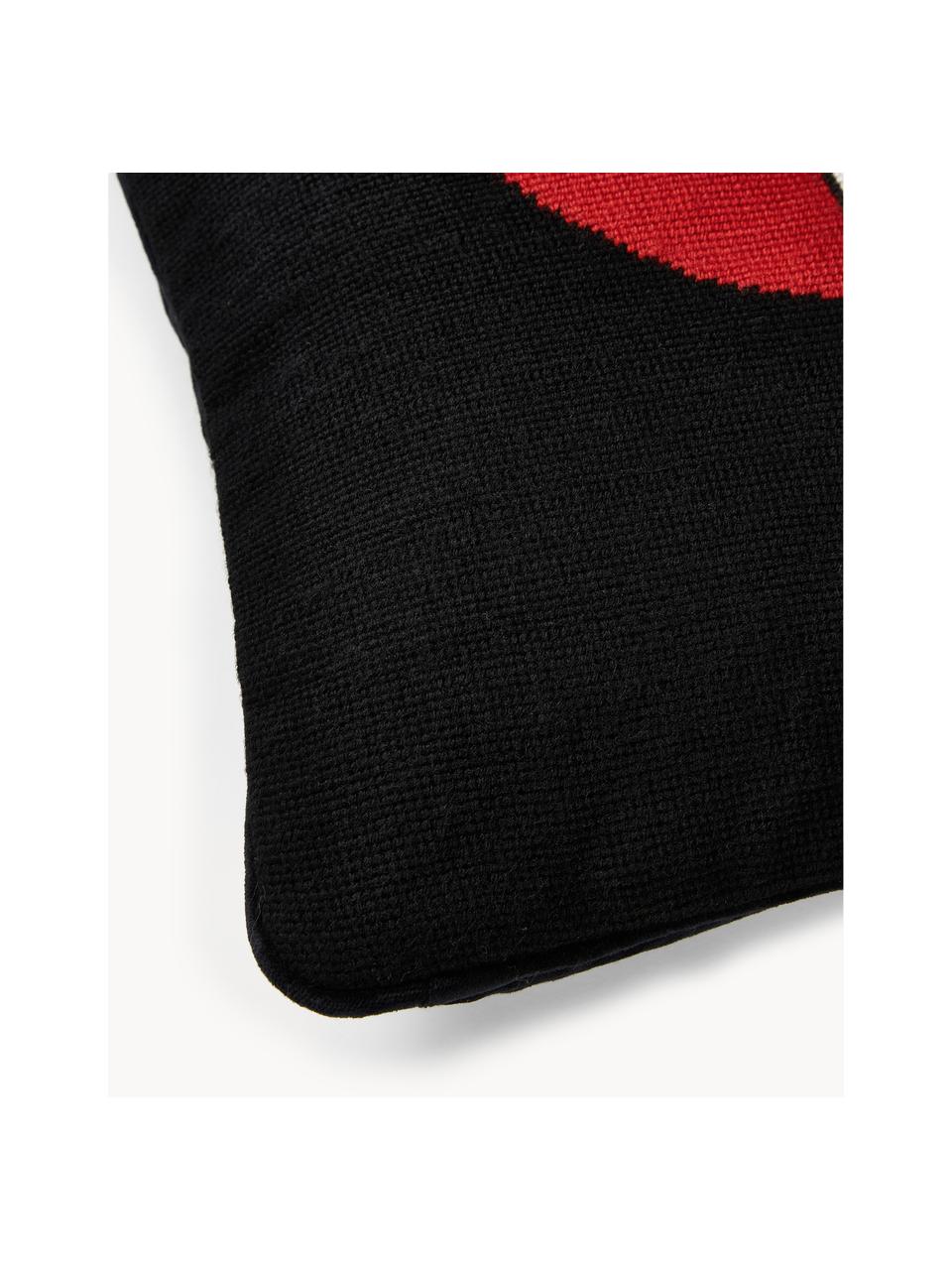 Handgeborduurd design kussen Soothe, met vulling, Zwart, rood, wit, B 45 x L 45 cm