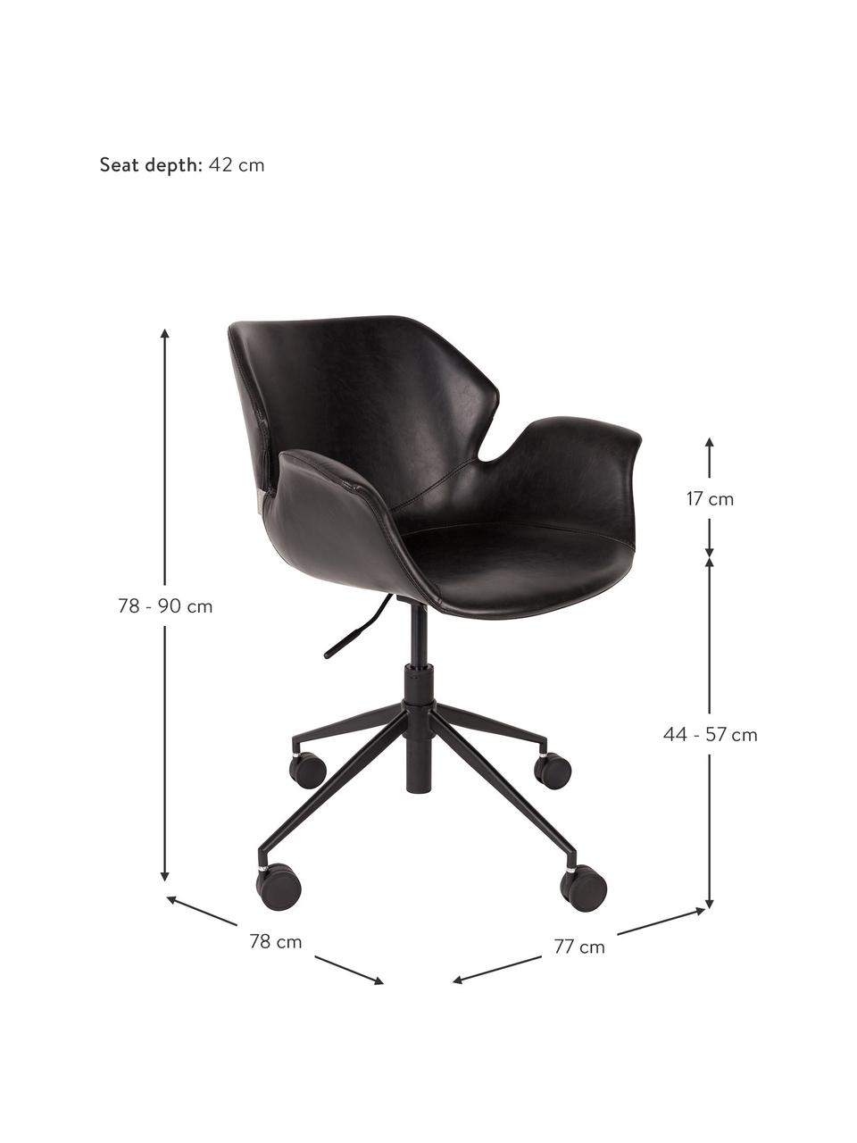 Sedia da scrivania in similpelle Nikki, regolabile in altezza, Rivestimento: similpelle (poliuretano), Sottostruttura: compensato, Gambe: metallo verniciato a polv, Ruote: plastica, Similpelle nero, Larg. 77 x Prof. 78 cm