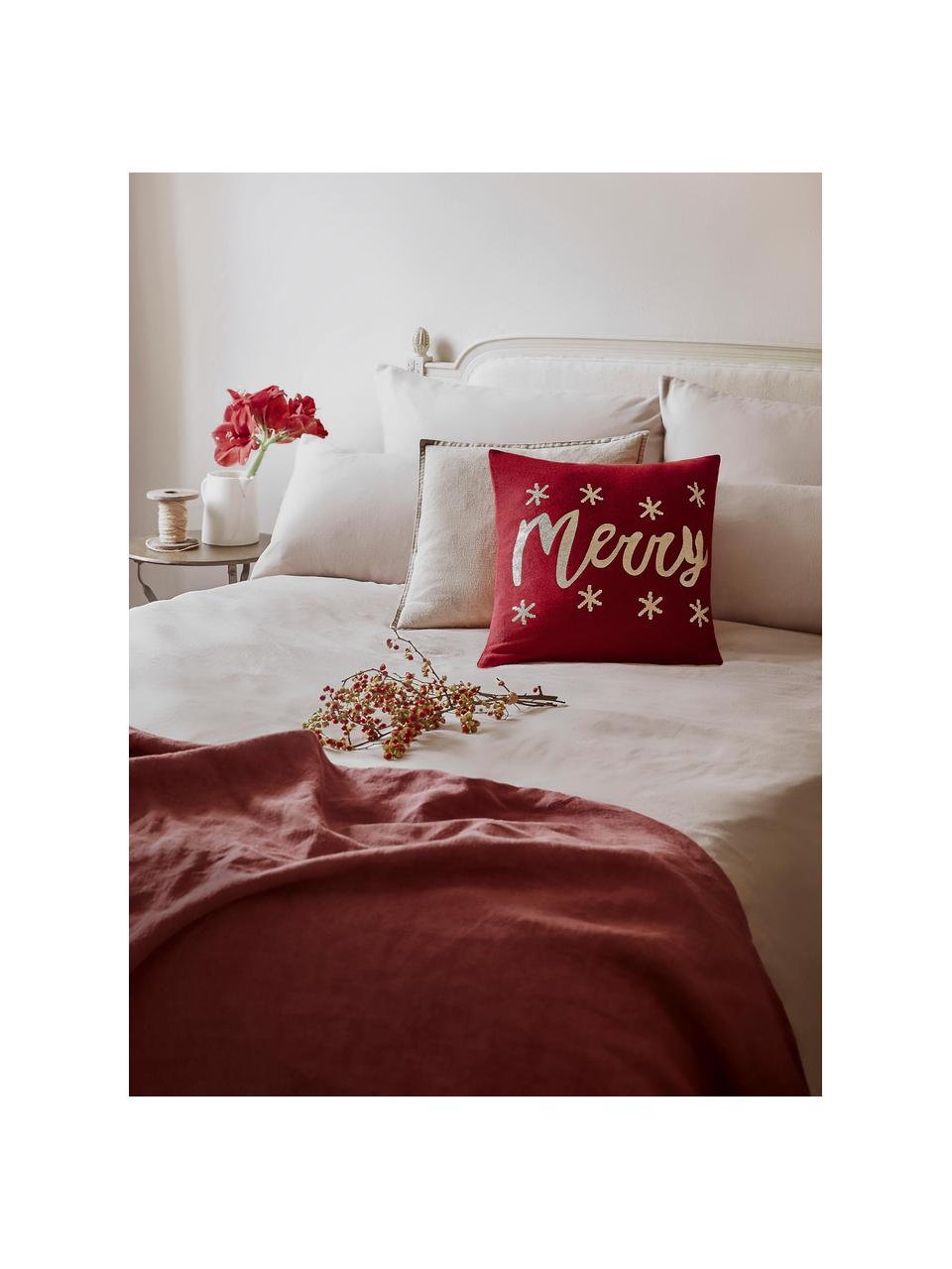 Gebreide kussenhoes Merry met opschrift, Katoen, Rood, goudkleurig, B 40 x L 40 cm
