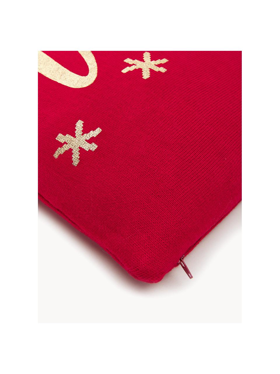Strick-Kissenhülle Merry mit Schriftzug, Baumwolle, Rot, Goldfarben, B 40 x L 40 cm