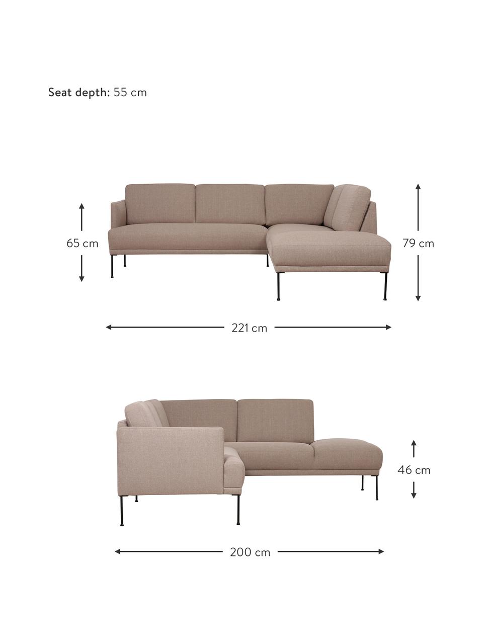 Rohová pohovka s kovovými nohami Fluente, Taupe, Š 221 cm, H 200 cm, pravé rohové provedení
