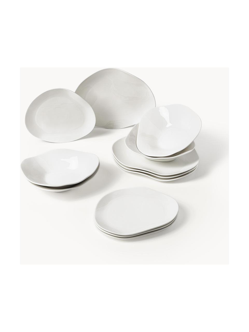 Vajilla de porcelana de forma orgánica Joana, 4 comensales (12 pzas.), Porcelana, Blanco, Set de diferentes tamaños