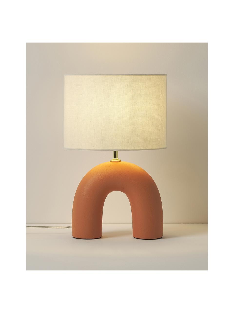 Lampada da tavolo con paralume ovale e base in ceramica Wesley, Paralume: lino, Struttura: metallo rivestito, Bianco, arancione, Ø 43 x Alt. 42 cm