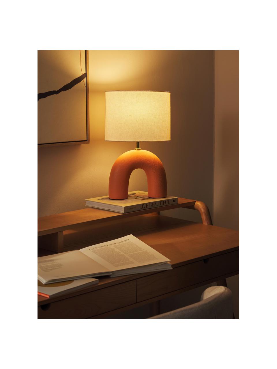 Tafellamp Wesley met ovalem lampenkap en keramische voet, Lampenkap: linnen, Lampvoet: keramiek, Wit, oranje, Ø 35 x H 46 cm