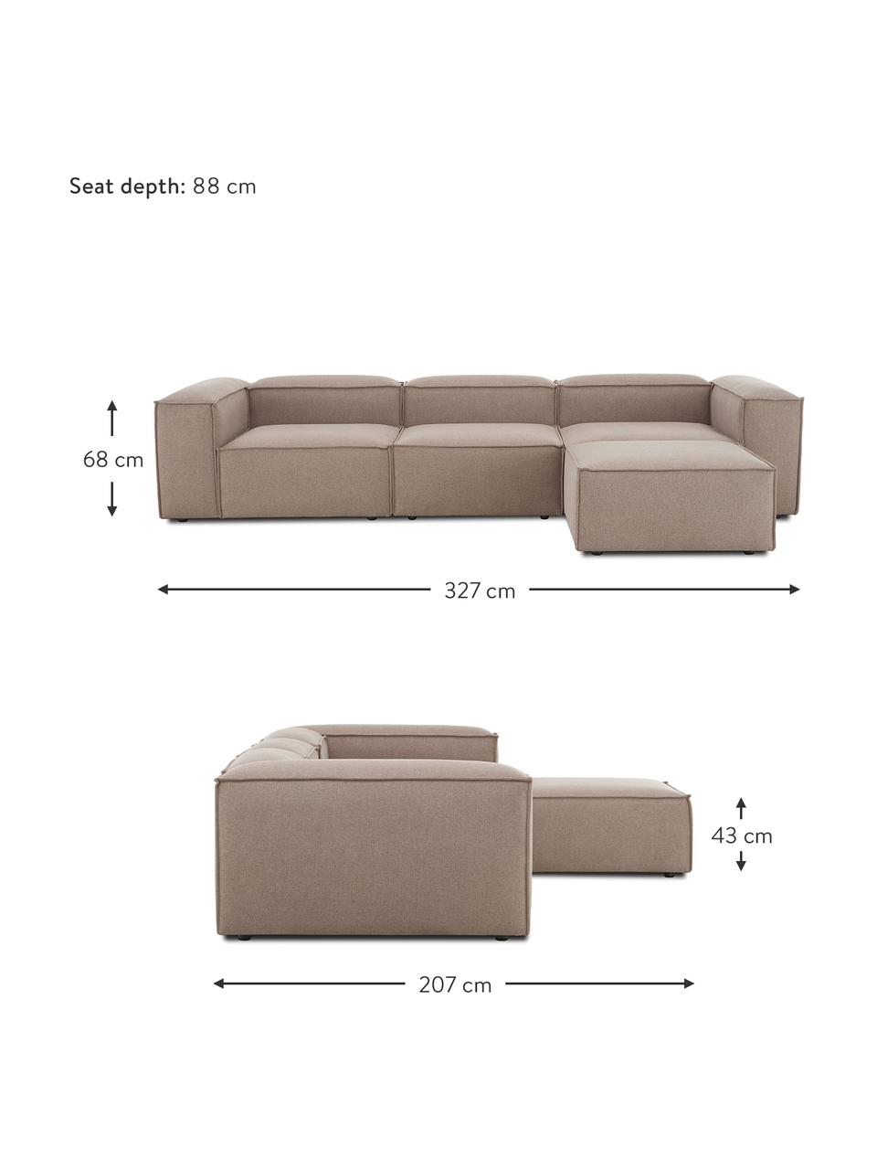 Canapé d'angle modulable 4 places avec tabouret Lennon, Tissu brun, larg. 327 x prof. 207 cm