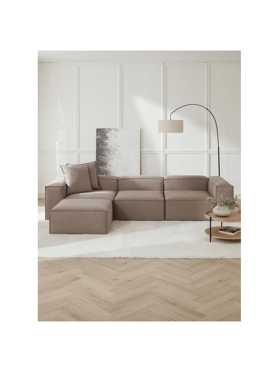 Modulares Sofa Lennon (4-Sitzer) mit Hocker (links/rechts), Bezug: 100 % Polyester Der strap, Gestell: Massives Kiefernholz, Spe, Webstoff Taupe, B 329 x T 207 cm