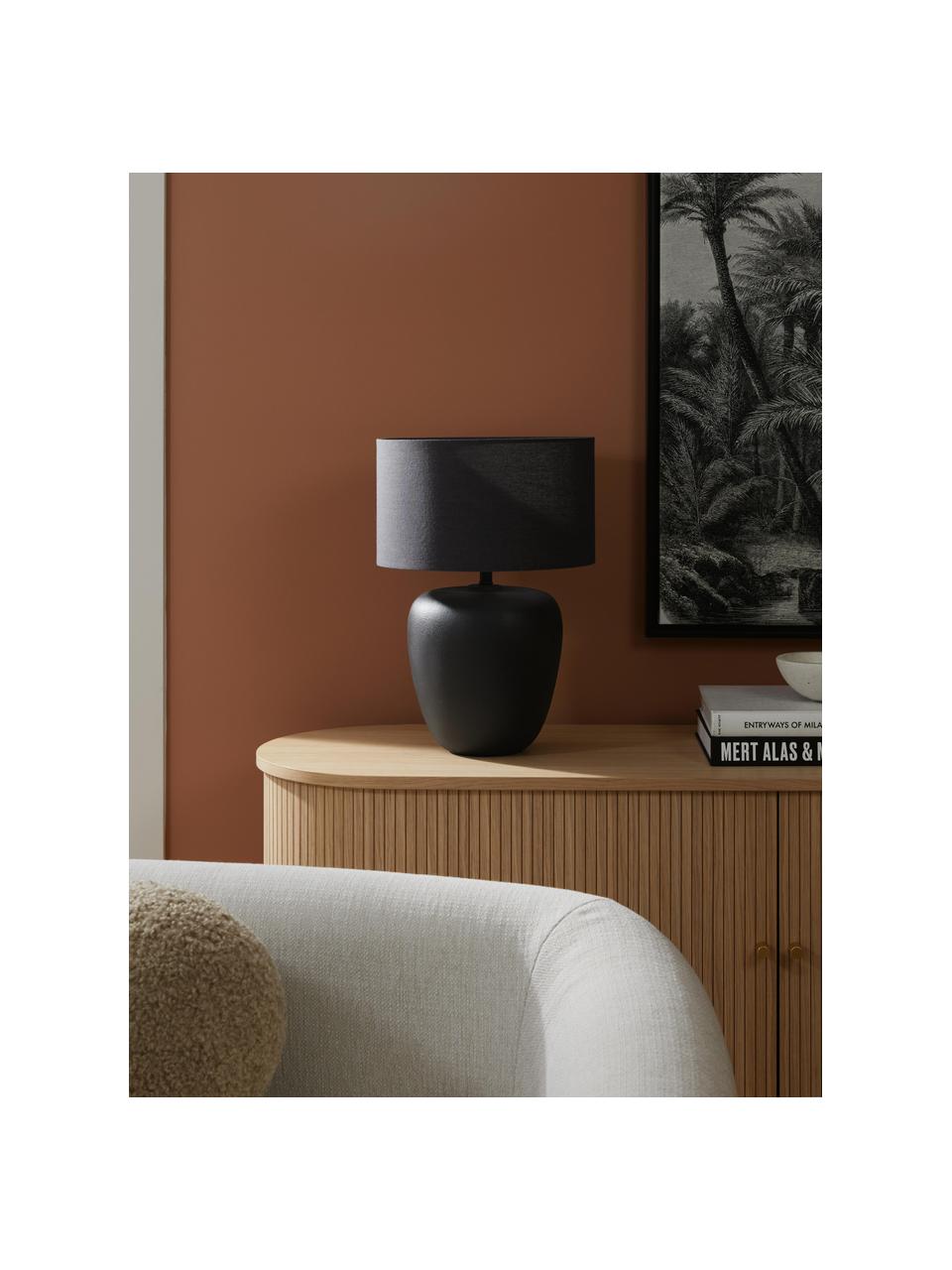 Lámpara de mesa grande de cerámica Eileen, Pantalla: lino (100% poliéster), Cable: cubierto en tela, Negro mate, Ø 33 x Al 48 cm