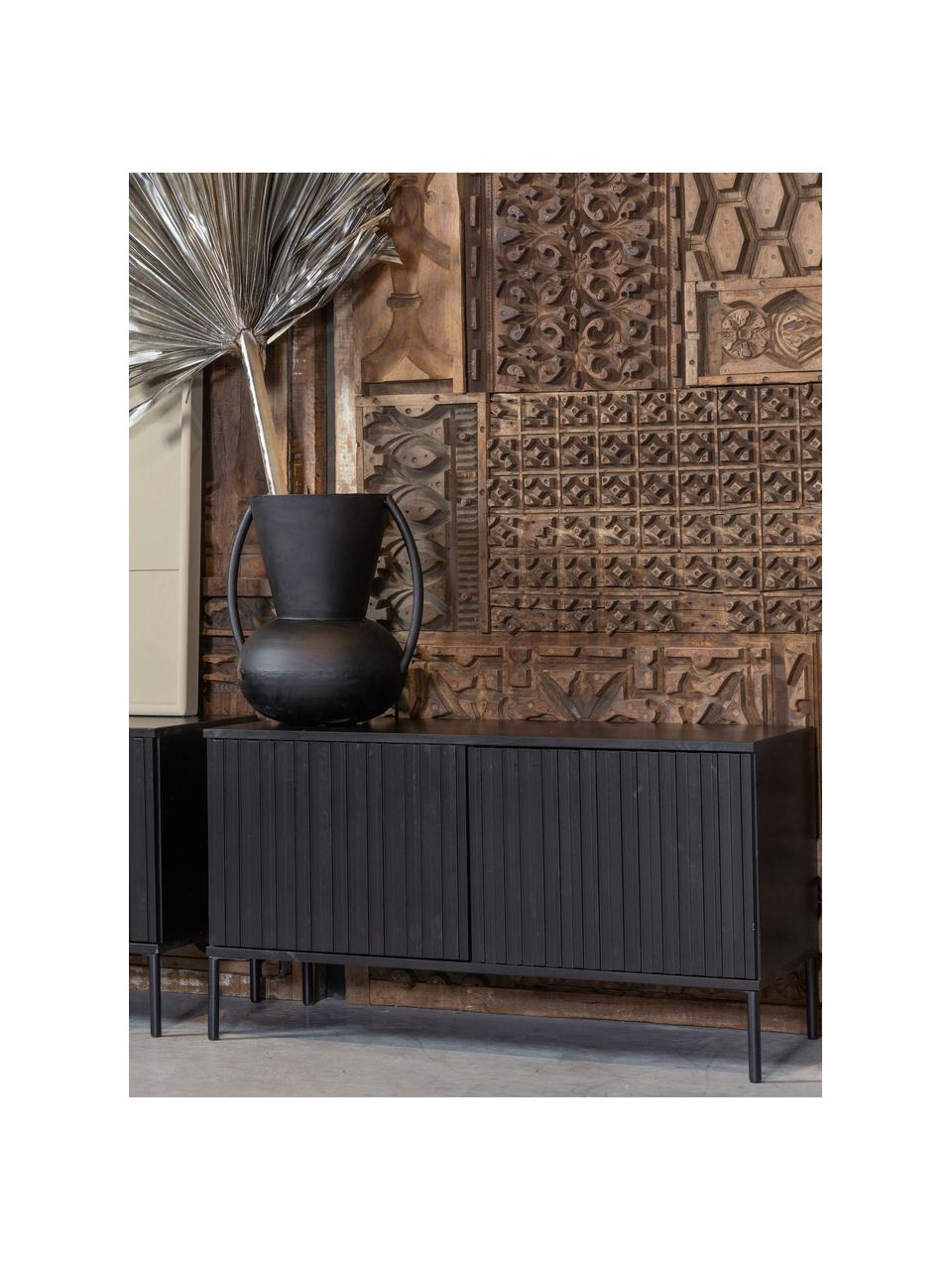 Tv-meubel Avourio van grenenhout met geribde voorkant, 2 deuren, Frame: grenenhout, Poten: gecoat metaal Dit product, Grenenhout, zwart, B 100 cm x H 56 cm
