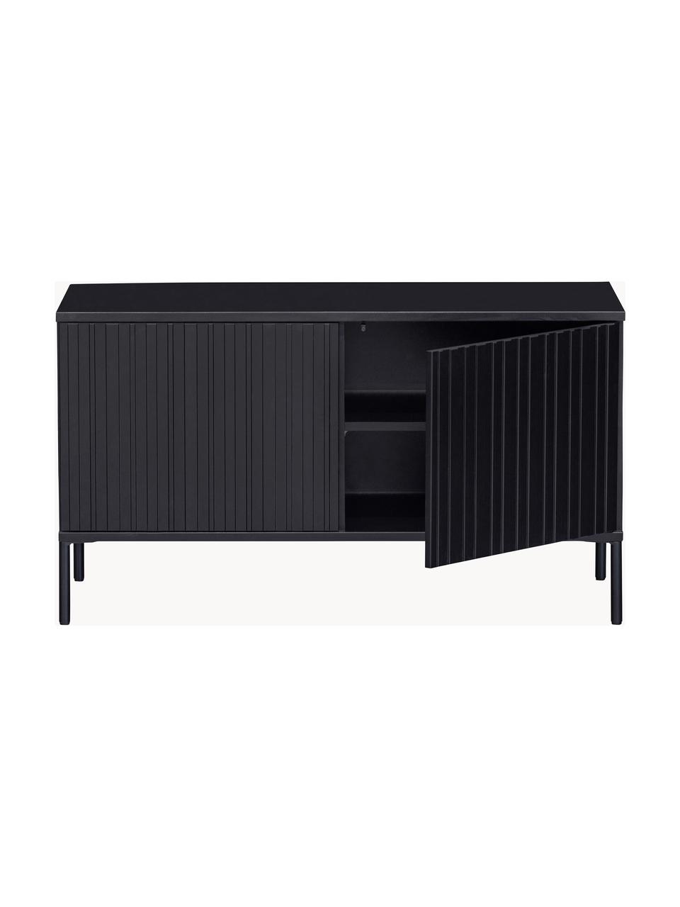 Meuble TV en pin cannelé Avourio, 2 portes, Bois de pin noir, larg. 100 x haut. 56 cm