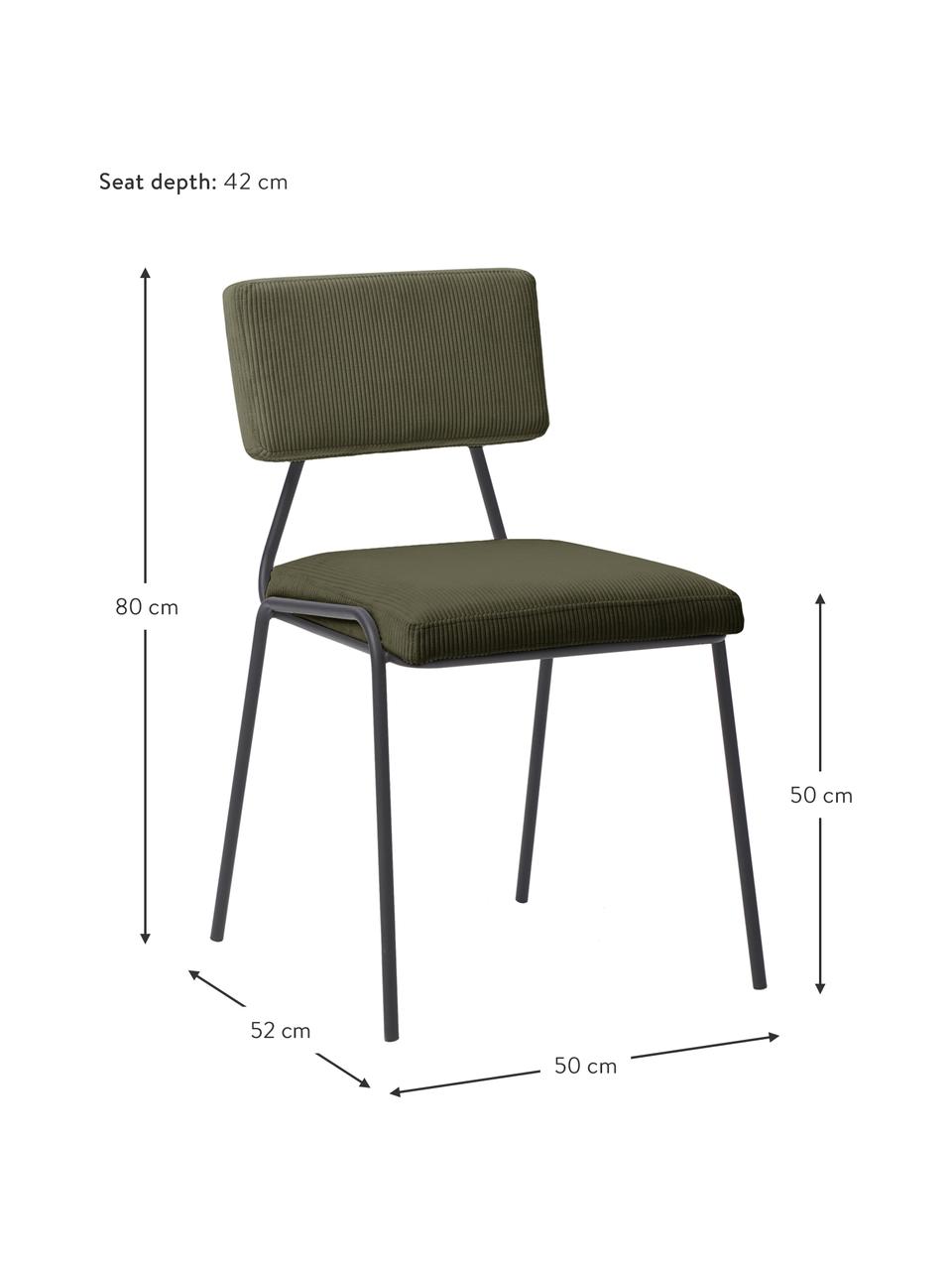 Sedia imbottita in velluto a coste Mats 2 pz, Gambe: metallo verniciato a polv, Velluto a coste verde, Larg. 50 x Alt. 80 cm