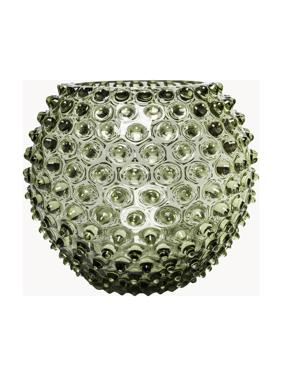 Handgefertigte Vase Hobnail Globe mit Relief, H 17 cm, Glas, Olivgrün, Ø 18 x H 17 cm