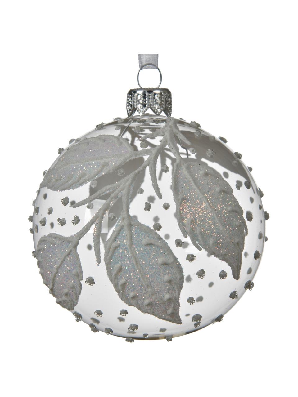 Weihnachtskugeln Leaves Ø 8 cm, 2 Stück, Silberfarben, Weiß, Ø 8 cm