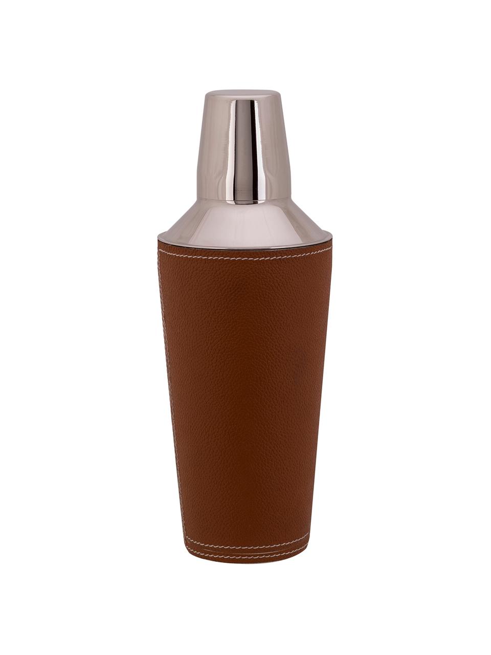 Cocktail shaker Lahore in zilverkleur met bruin leer, Shaker: edelstaal, Bekleding: leer, Bruin, staal, Ø 9 cm