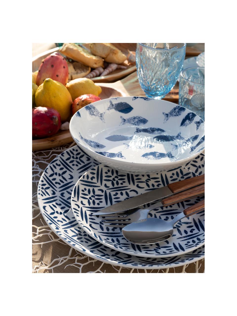 Serviesset met patroon Playa in blauw/wit, 6 personen (18-delig), Porselein, Blauw, wit, Set met verschillende formaten