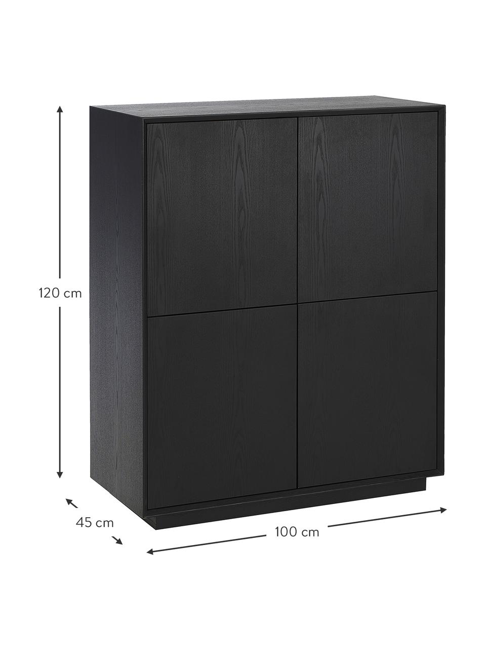 Credenza alta in finitura di legno di frassino nero Noel, Pannello di fibra a media densità (MDF) con finitura in legno di frassino, Legno laccato nero, Larg. 100 x Alt. 120 cm