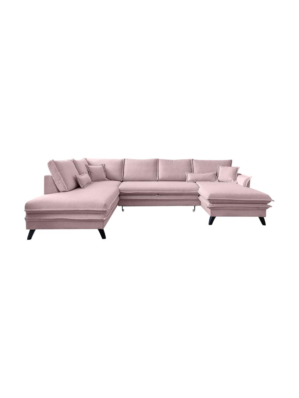 Divano letto angolare in tessuto rosa cipria con contenitore Charming Charlie, Rivestimento: 100% poliestere con sensa, Struttura: legno, truciolato, Rosa cipria, Larg. 302 x Prof. 200 cm