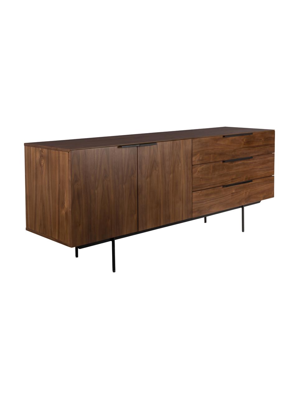 Sideboard Travis mit Nussbaumfurnier im Retro Design, Korpus: Mitteldichte Holzfaserpla, Korpus: Walnussbraun Griffe, Rahmen und Füße: Schwarz, B 180 x H 71 cm