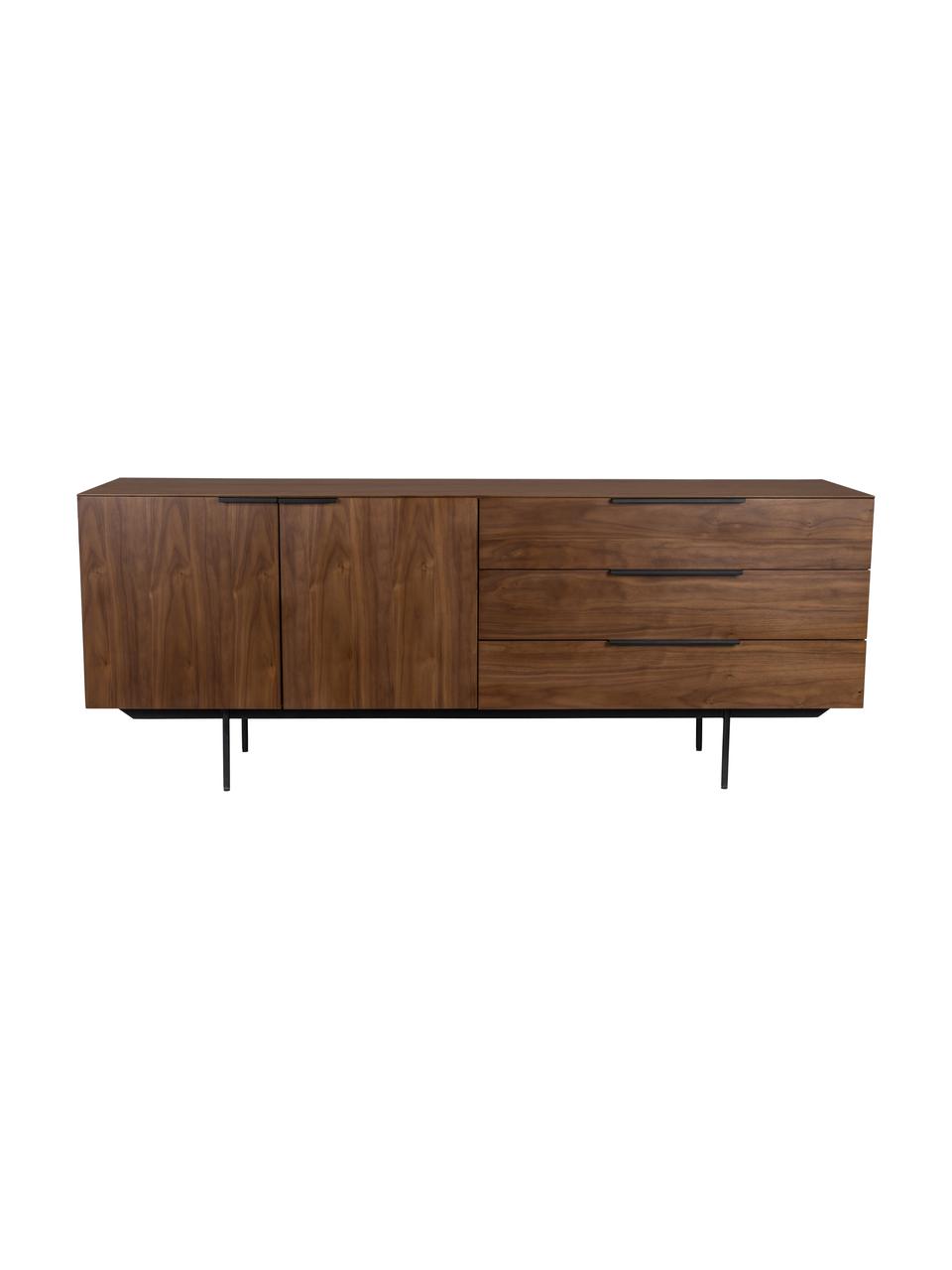 Sideboard Travis mit Nussbaumfurnier im Retro Design, Korpus: Mitteldichte Holzfaserpla, Korpus: Walnussbraun Griffe, Rahmen und Füsse: Schwarz, B 180 x H 71 cm