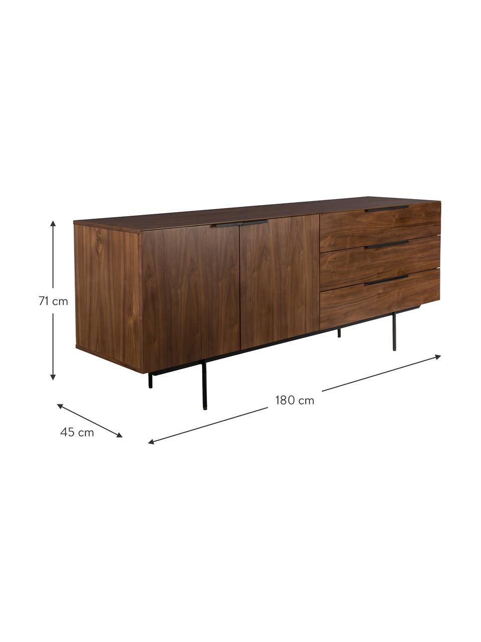 Credenza retrò con finitura in noce Travis, Corpo: marrone noce Maniglie, struttura e gambe: nero, Larg. 180 x Alt. 71 cm