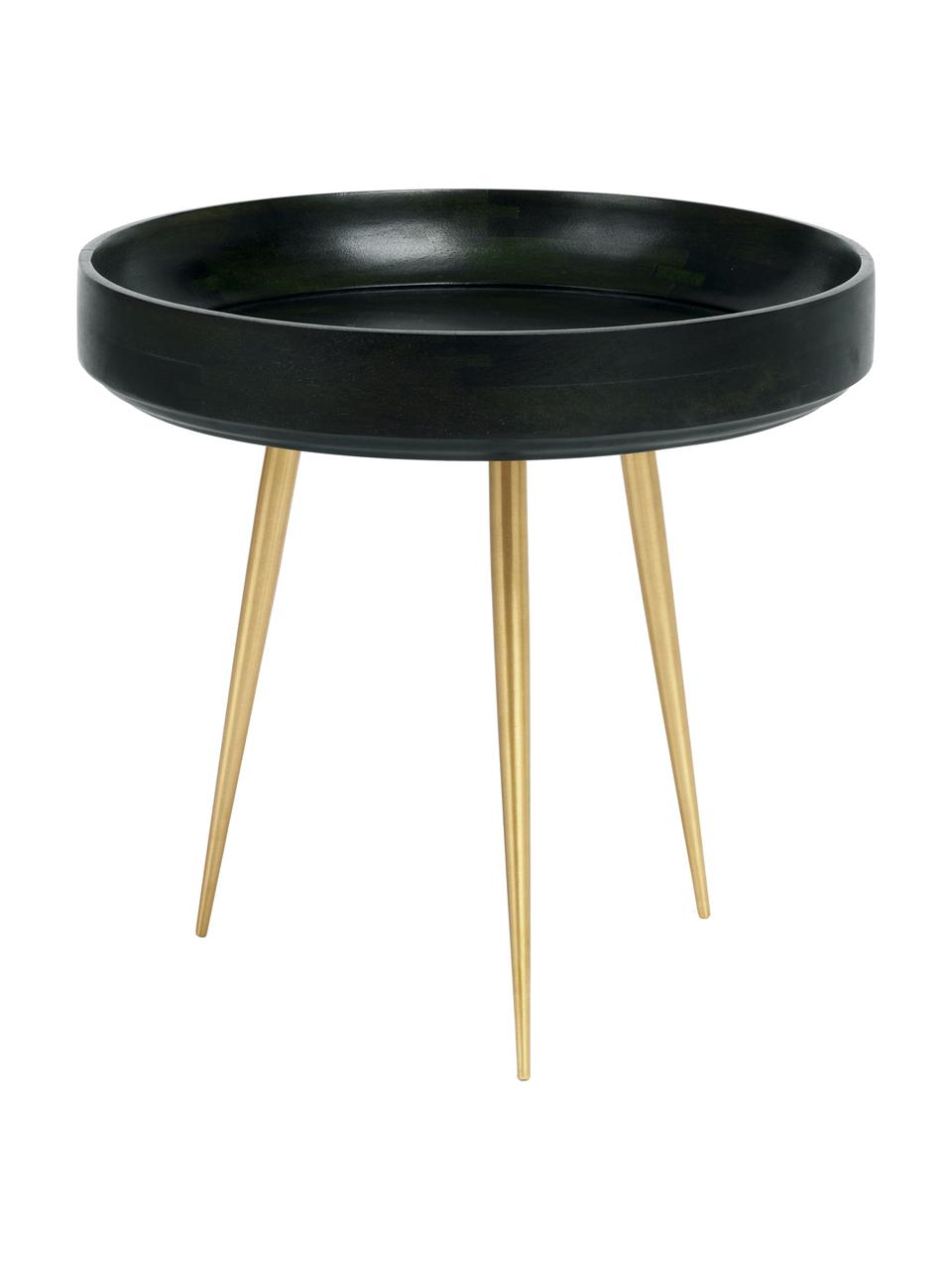 Tavolino di design in legno di mango Bowl Table, Piano d'appoggio: legno di mango rivestito , Gambe: metallo ottone placcato, Verde nori, colori ottone, Ø 40 x Alt. 38 cm