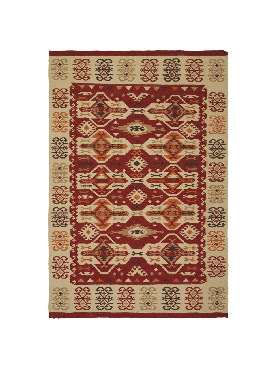 Alfombra artesanal de lana Kilim, 100% lana

Las alfombras de lana se pueden aflojar durante las primeras semanas de uso, la pelusa se reduce con el uso diario, Rojo, beige, naranja, marrón, An 155 x L 240 cm (Tamaño M)