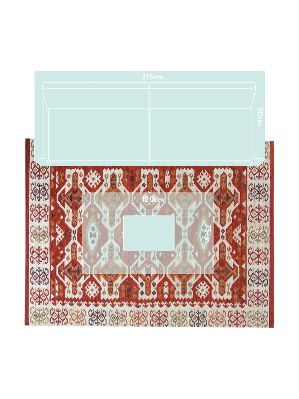 Tappeto kilim in lana tessuto a mano Ria, 100% lana
Nel caso dei tappeti di lana, le fibre possono staccarsi nelle prime settimane di utilizzo, questo e la formazione di lanugine si riducono con l'uso quotidiano, Rosso, beige, arancione, marrone, Larg. 155 x Lung. 240 cm (taglia M)