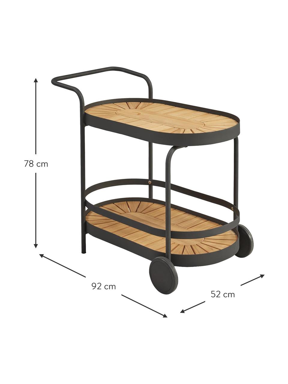 Carrello di servizio da giardino con ruote Flogan, Ripiani: legno di acacia certifica, Marrone chiaro, nero, Larg. 92 x Alt. 78 cm