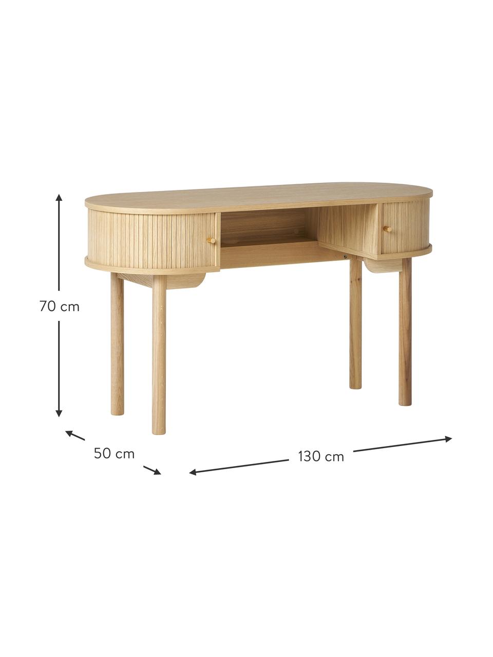 Scrivania in legno con frontale a scanalato Calary, Gambe: legno massiccio di querci, Legno chiaro, Larg. 130 x Prof. 50 cm