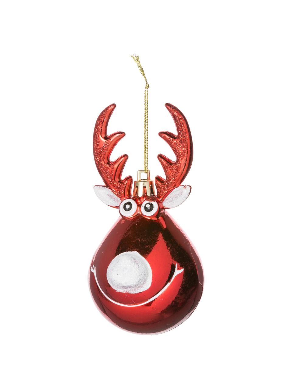 Adornos navideños irrompibles Rudolph, 2 uds., Figura: plástico, Rojo, blanco, dorado, Ø 5 x Al 12 cm