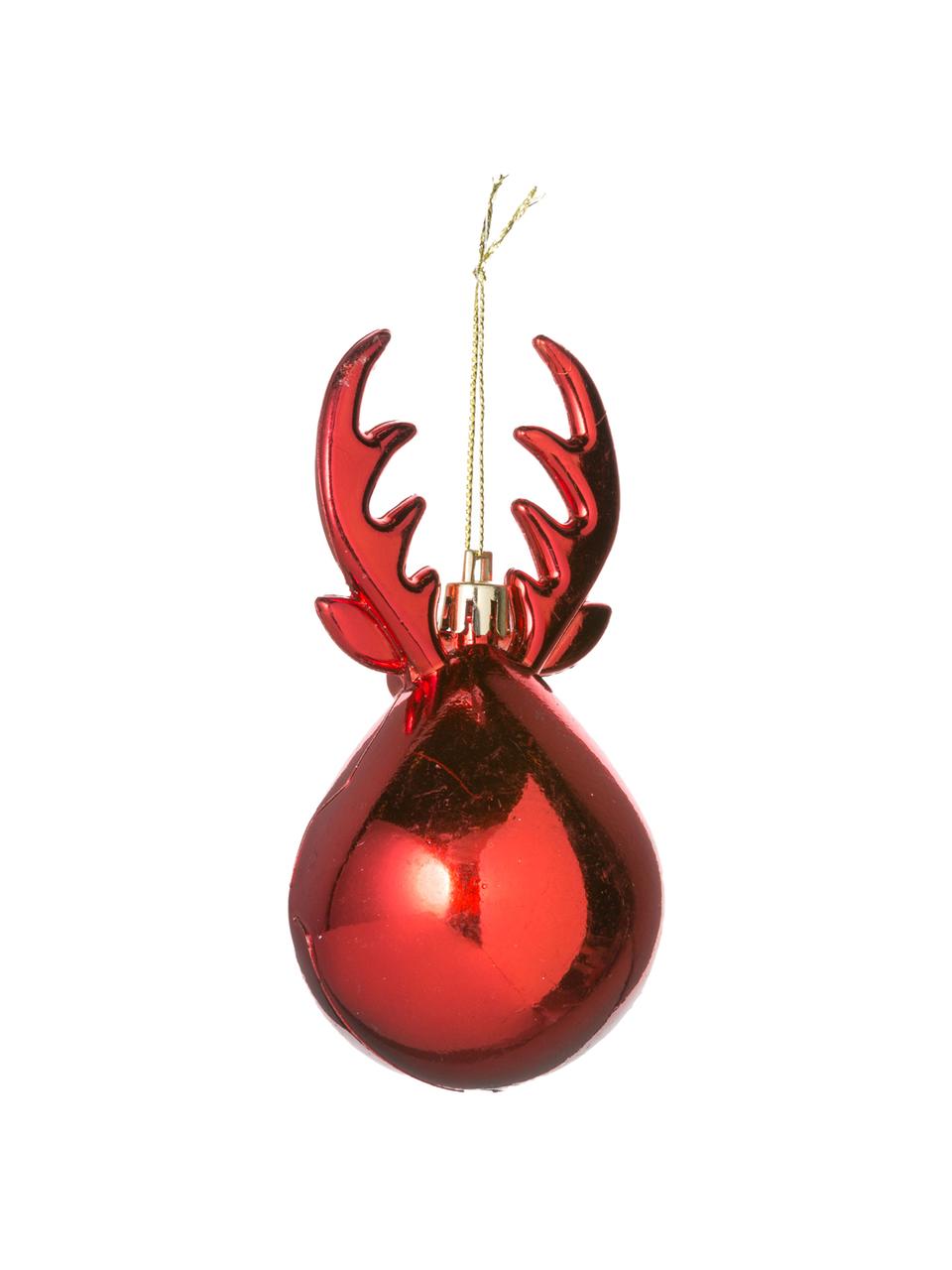 Adornos navideños irrompibles Rudolph, 2 uds., Figura: plástico, Rojo, blanco, dorado, Ø 5 x Al 12 cm
