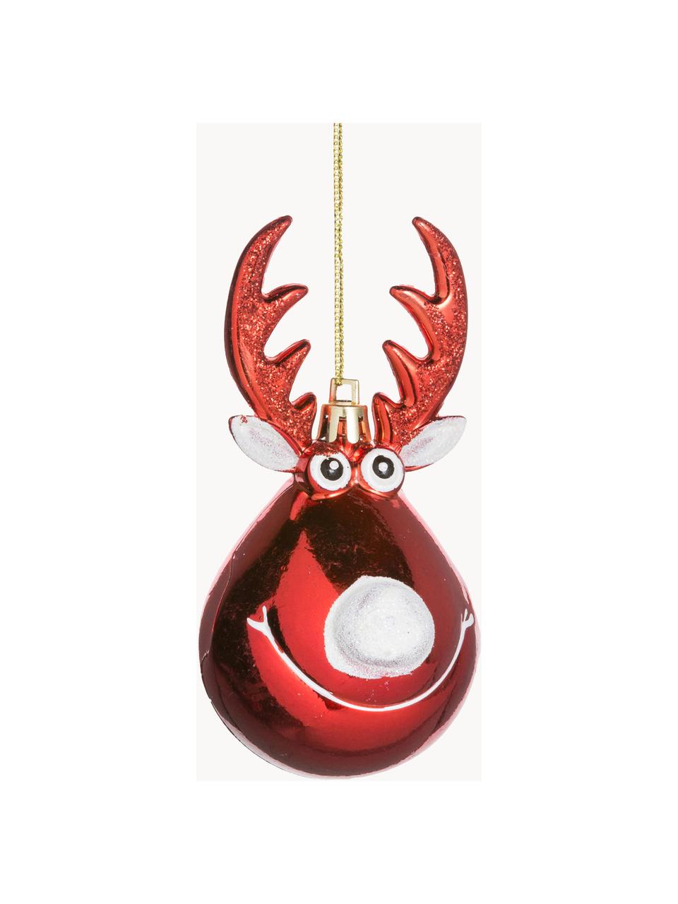 Adornos navideños irrompibles Rudolph, 2 uds., Figura: plástico, Rojo, blanco, dorado, Ø 5 x Al 12 cm