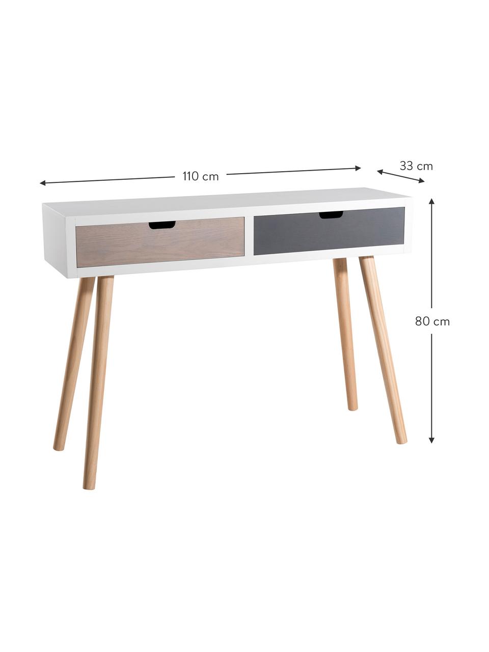 Consolle con 2 cassetti Enzo, Gambe: legno di pino, verniciato, Bianco, marrone, grigio, pino, Larg. 110 x Prof. 33 cm