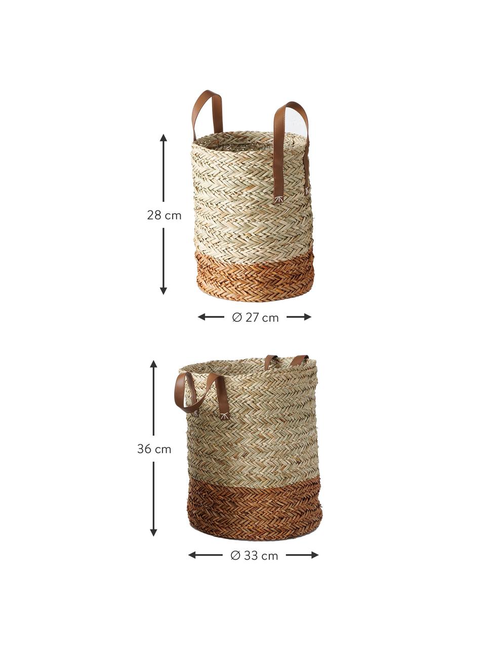 Set de cestas artesanales de mimbre Mahika, 2 uds., Asas: cuero sintético, Beige, Set de diferentes tamaños
