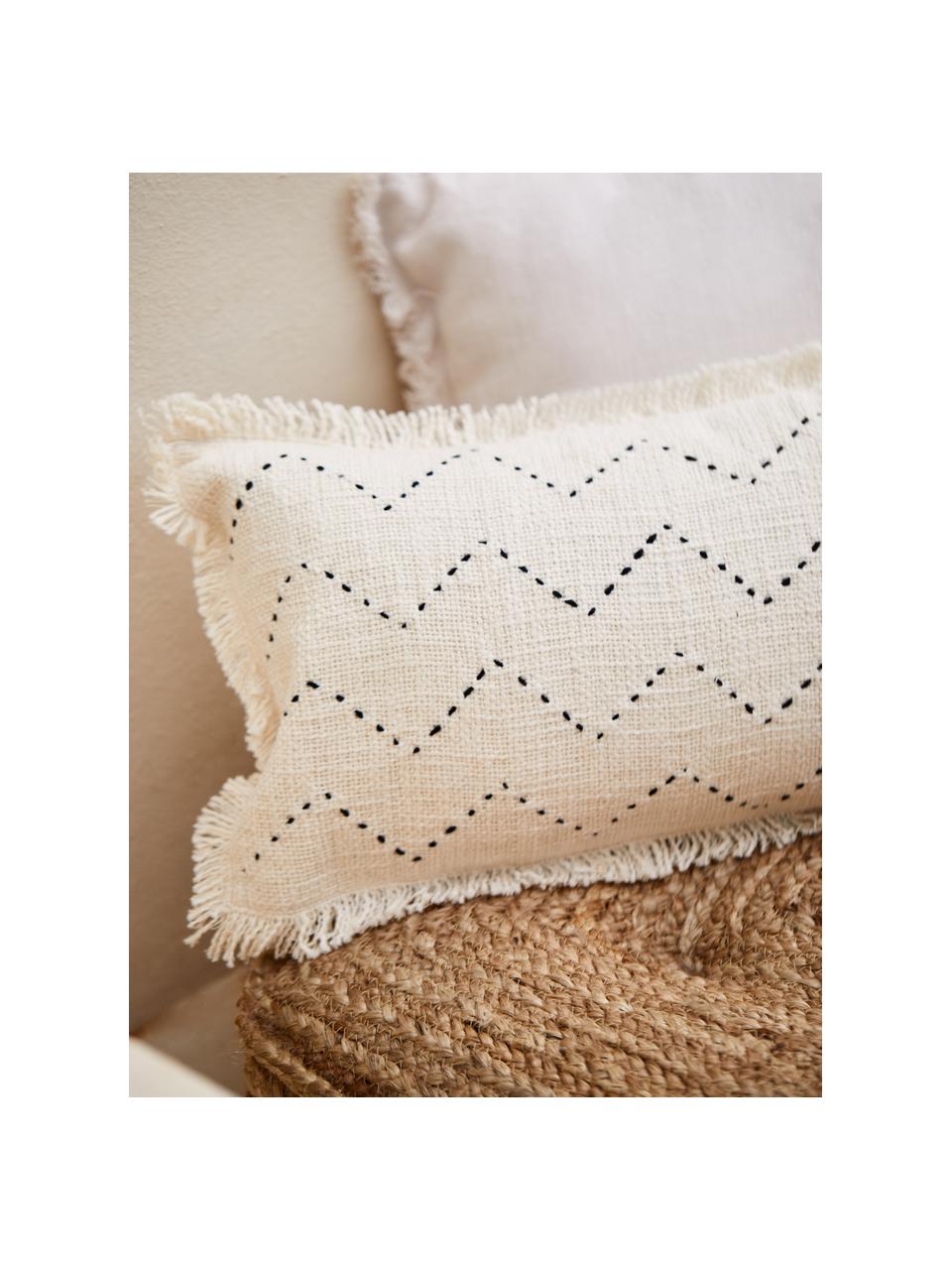 Geborduurde Boho kussenhoes Heli met franjes, 100% katoen, Beige, B 30 x L 50 cm