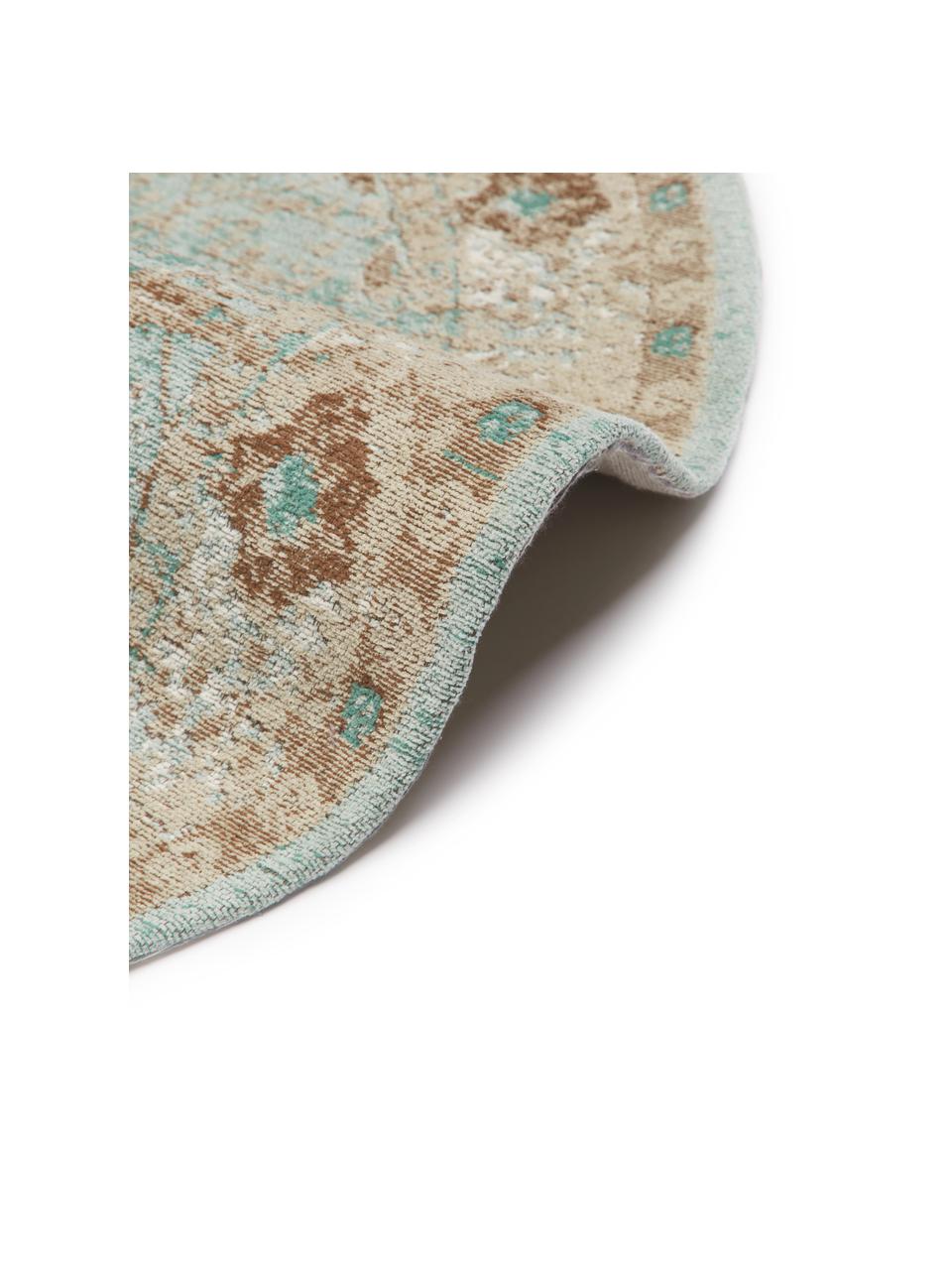 Runder Chenilleteppich Rimini, handgewebt, Flor: 95 % Baumwolle, 5 % Polye, Türkisgrün, Beige, Braun, Ø 120 cm (Grösse S)