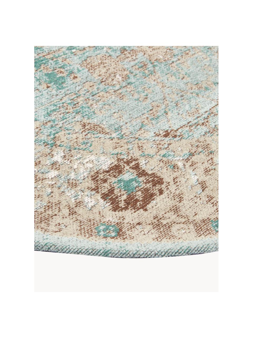 Rond chenille vloerkleed Rimini, handgeweven, Turquoise groen, beige, bruin, Ø 120 cm (maat S)